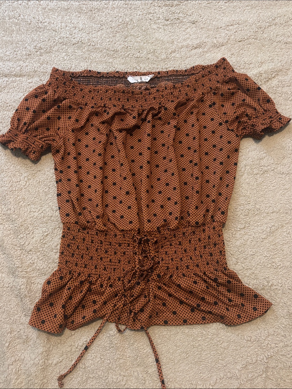 Rust Polka Dot Off-Shoulder Smocked Waist Blouse